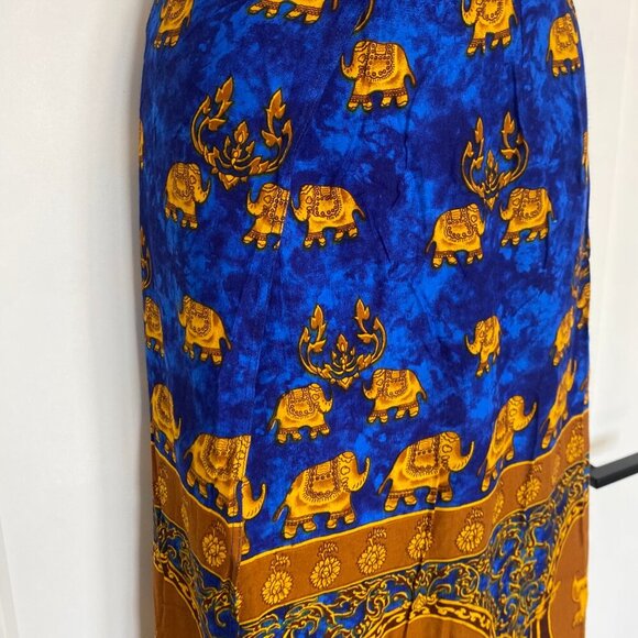 Elephant Print Made in Thailand Blue & Gold Wrap Skirt Midi Skirt Size O/S Large - Picture 2 of 13